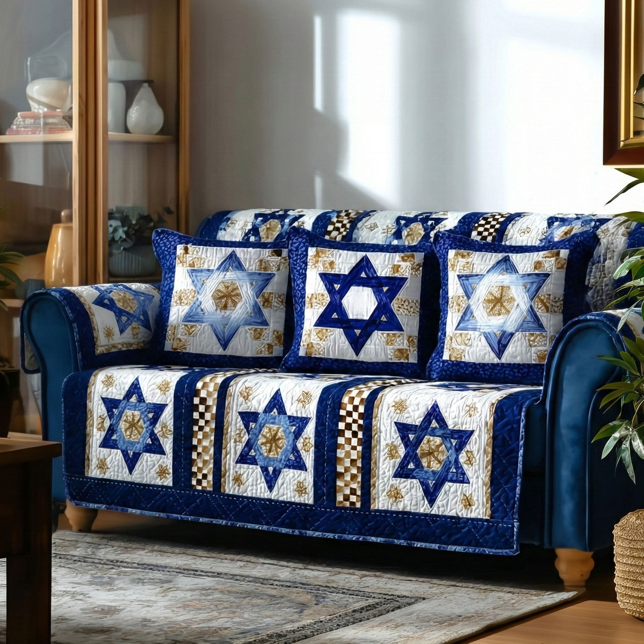Blue Star Harmony Quilted Sofa Cover Couch Protector Gifts For Jewish Friends