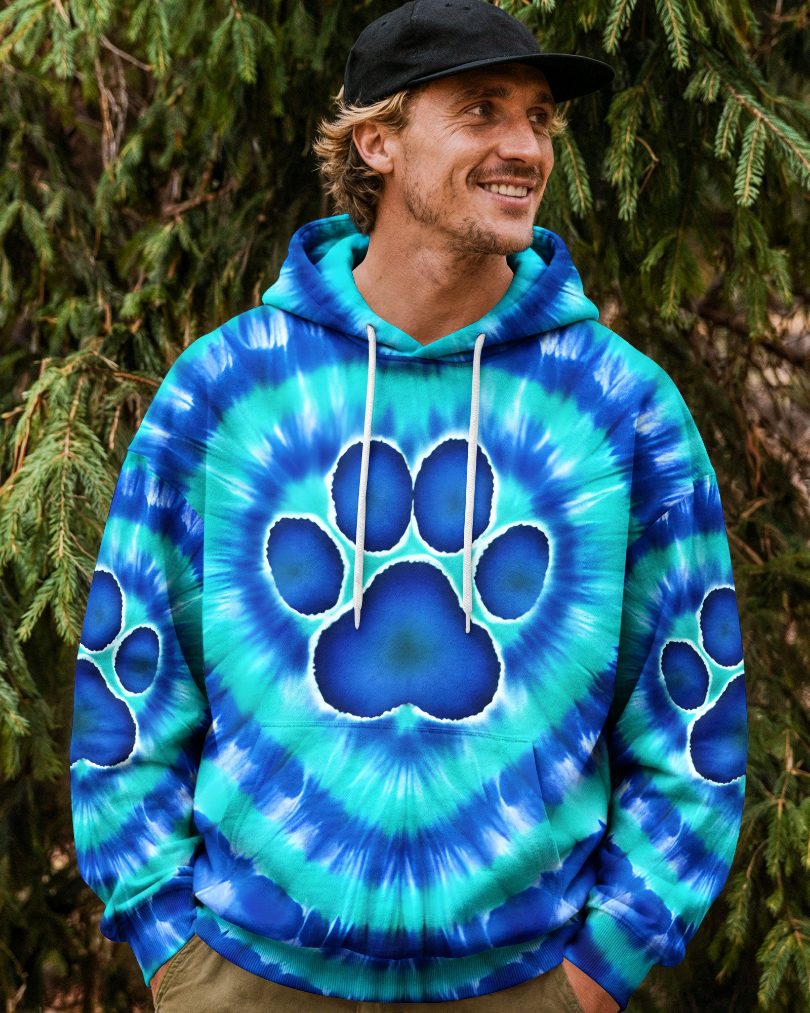 Blue Teal Paw Tie Dye Hoodie Vibrant Colors Apparel Unique Gifts For Cat Lovers - Image 2