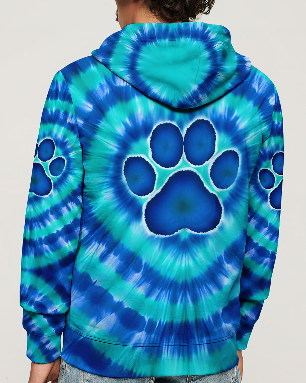 Blue Teal Paw Tie Dye Zip Hoodie Vibrant Colors Outfits Best Gift Ideas For Cat Lovers - Image 2