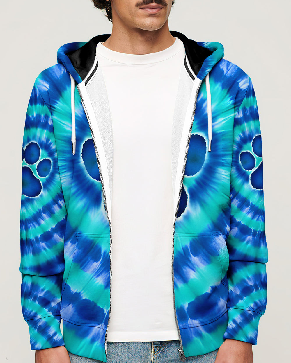 Blue Teal Paw Tie Dye Zip Hoodie Vibrant Colors Outfits Best Gift Ideas For Cat Lovers