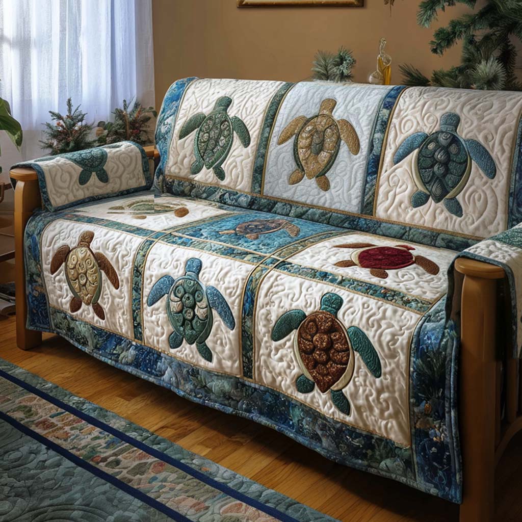 Blue Tide Turtle Quilted Sofa Cover Couch Cover Gifts For Sea Turtle Lovers
