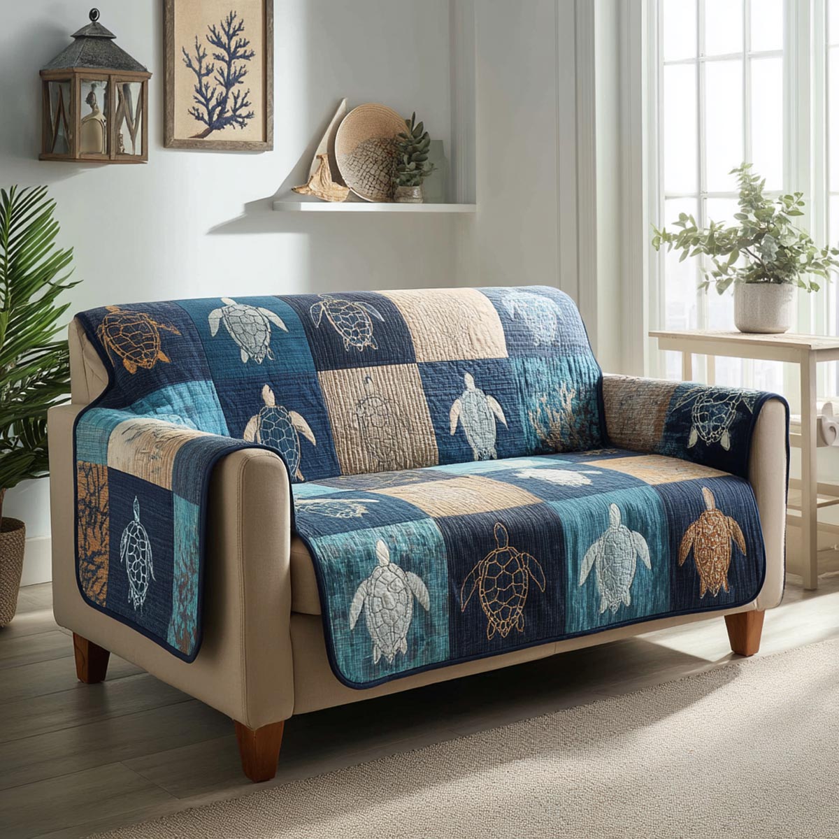 Blue Turtle Quilted Sofa Cover Living Room Decor Ideas Sea Turtle Gift Shop