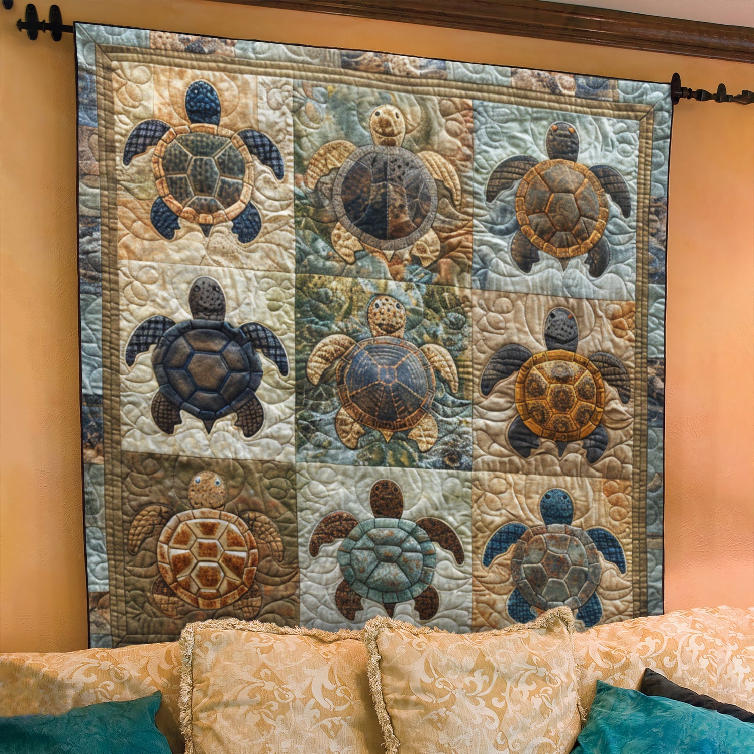 Blue Wave Turtle Dance Quilted Blanket Bedroom Decorations Turtle Items Gifts