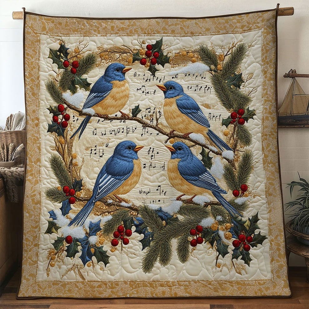 Bluebirds Christmas Quilt Blanket Winter Holiday Merch Xmas Gifts For Bird Lovers