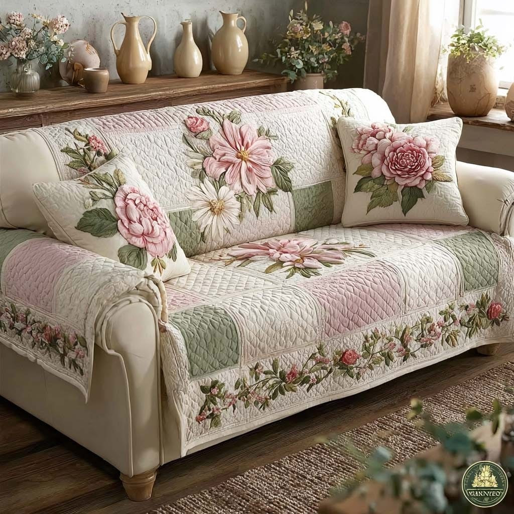 Blush Flower Charm Quilted Sofa Cover Pastel Floral Sofa Protector Best Gifts For Mom