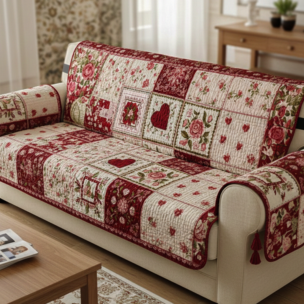 Blush Rose Cottage Heart Quilted Sofa Cover Family Room Furniture Ideas Valentine Day Presents