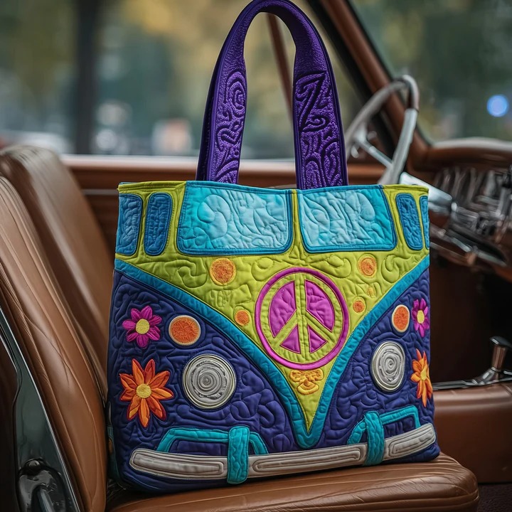 Boho Hippie Bus Quilted Tote Bag Navy Floral Peace Bag Best Gift For Hippie Lovers