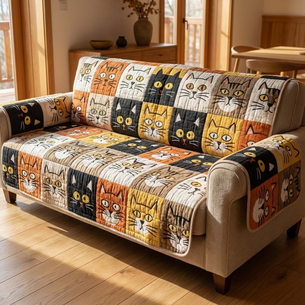 Bold Cat Faces Quilted Sofa Cover Whimsical Animal Patchwork Sofa Protector Gifts For Mom