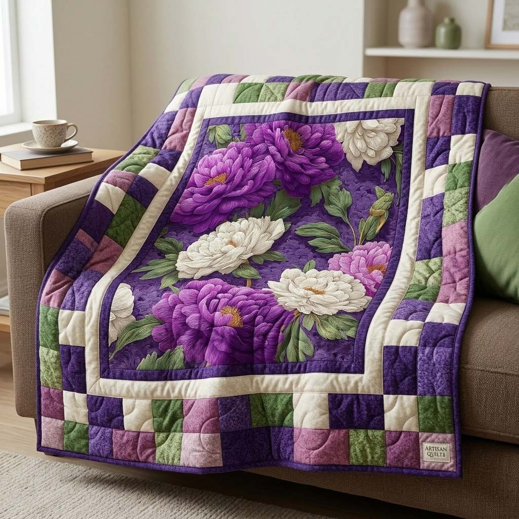Bold Peony Patchwork Quilted Blanket Lush Floral Bloom Decor Apparel Gift For Her Women