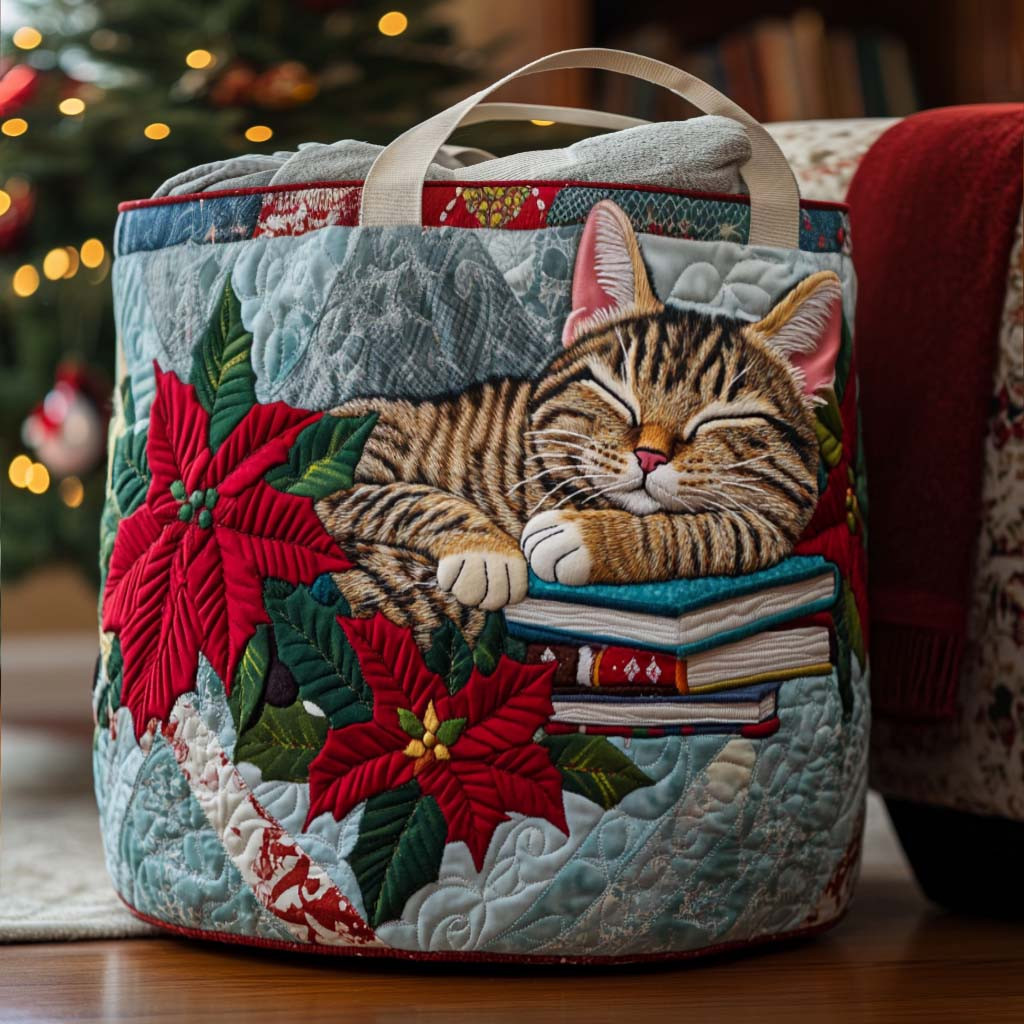 Book Guardian Cat Quilted Laundry Basket Quilted Fabric Laundry Bin for Organized Living