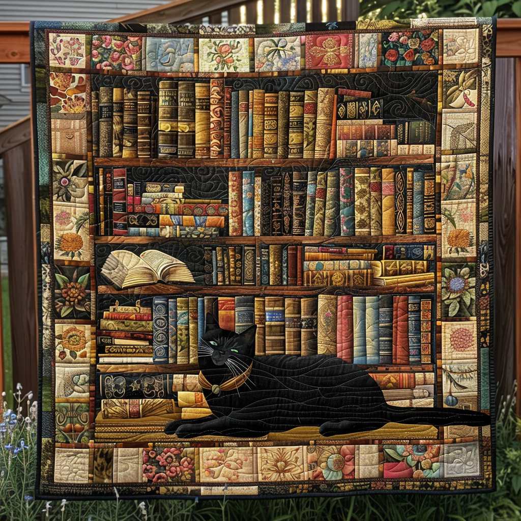 Book Nook Kitty Quilted Blanket Bed Room Art Cat And Owner Gifts