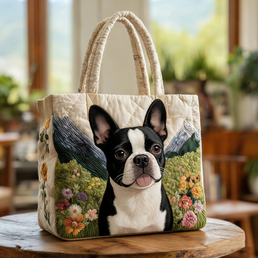 Boston Terrier Quilted Tote Bag Floral Animal Totes Unique Gifts For Boston Terrier Lovers