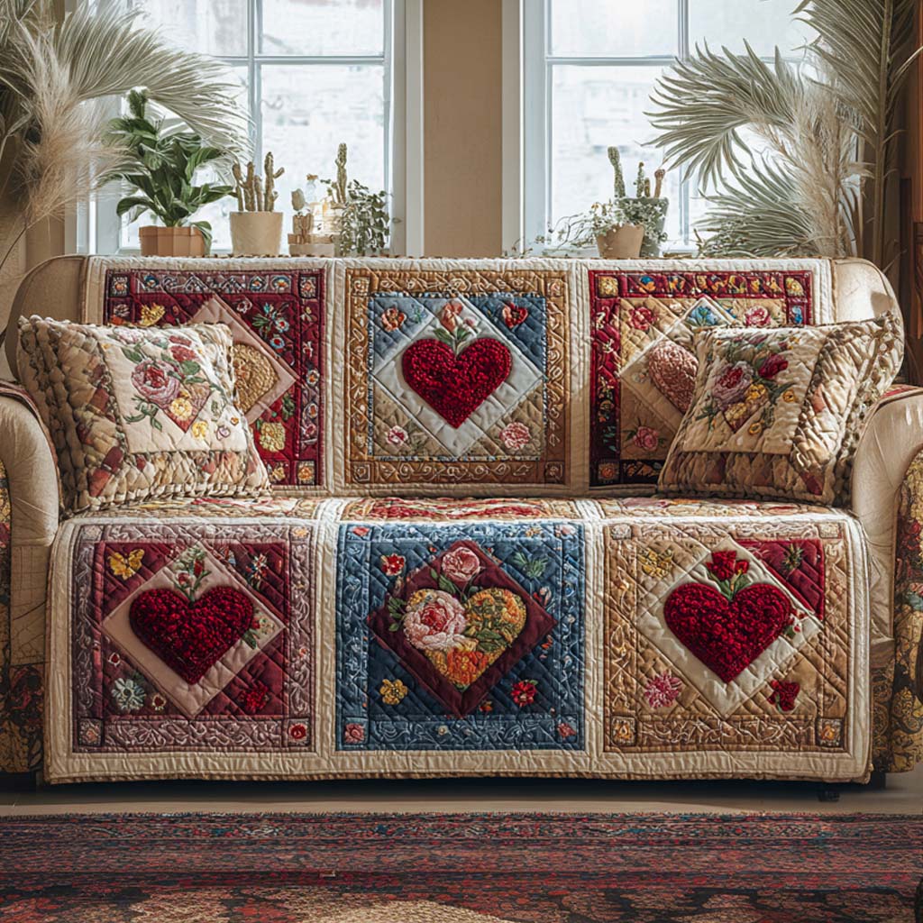 Botanical Heart Harmony Quilted Sofa Cover Recliner Couch Covers Valentine Day Gifts For Husband