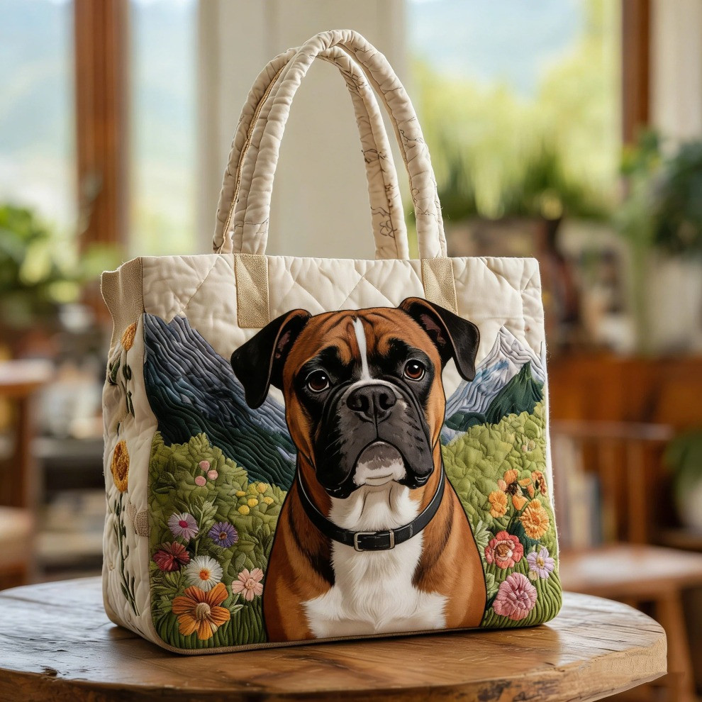 Boxer Quilted Quilted Tote Bag Floral Cute Dog Totes Unique Gifts For Boxer Lovers