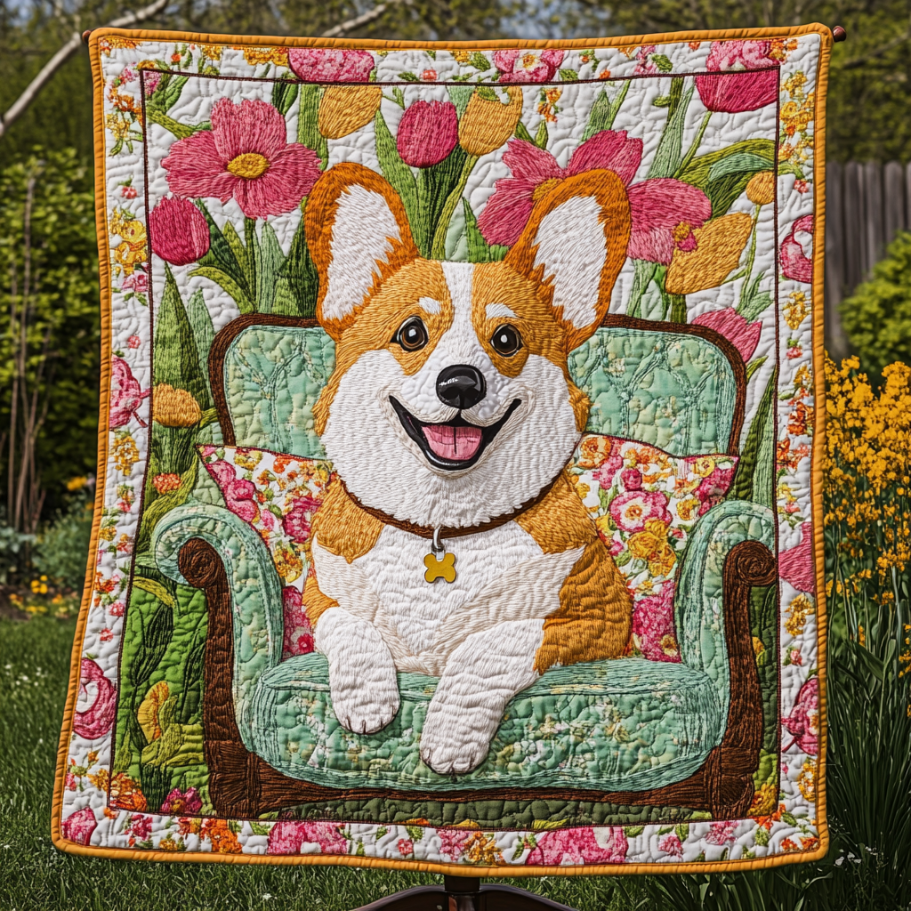 Bright Blooms and Corgi Smiles Quilted Blanket Cozy Bedroom Ideas Corgi Gifts For Him Her