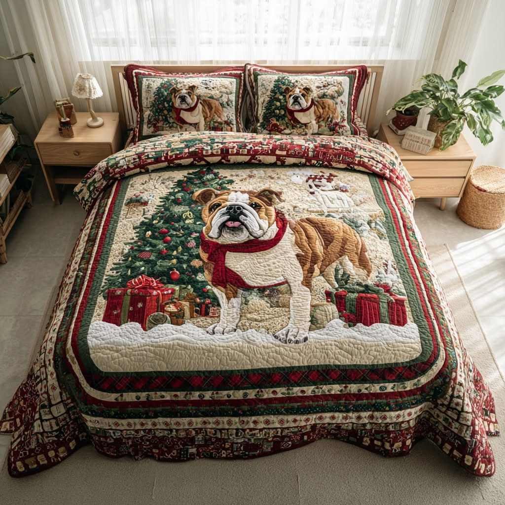 Bulldog Wonderland Christmas Quilted Bedding Set Duvet Cover Xmas Bulldog Gifts For Him