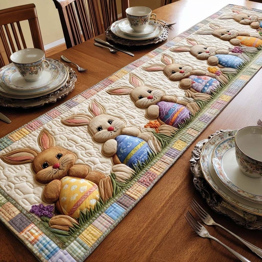 Bunny Classic Easter Quilted Table Runner Cute Christian Dining Room Decor Gifts For Easter