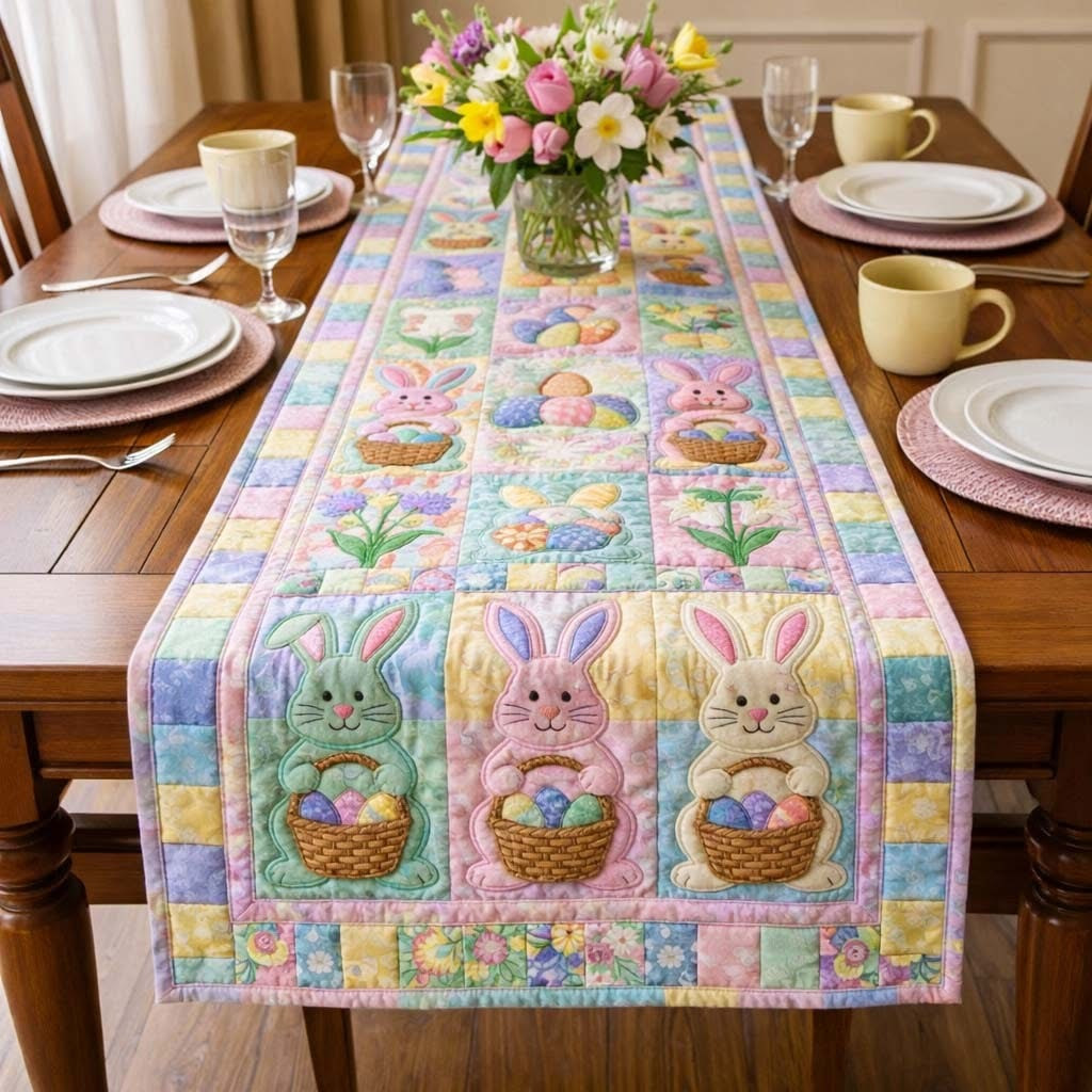 Bunny Happy Easter Quilted Table Runner Pastel Rabbit Table Decor Cute Easter Gifts