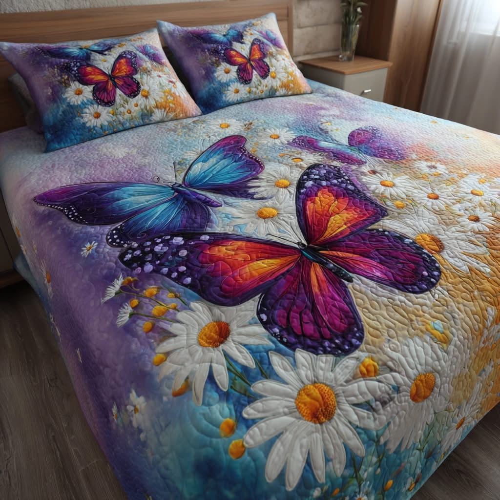 Butterflies Rainbow Quilted Bedding Set Daisy Flower Bedspread Set Gifts Ideas For Your Mom