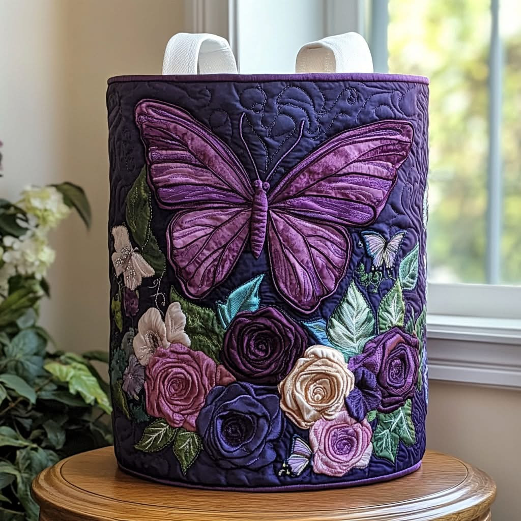 Butterfly Meadow Quilted Laundry Basket Floral Storage Basket Gifts For Butterfly Lovers