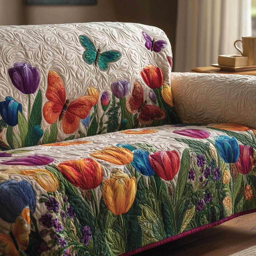 Butterfly Spring Wingscape Quilted Sofa Cover Tulip Garden Sofa Protector Gifts For Her