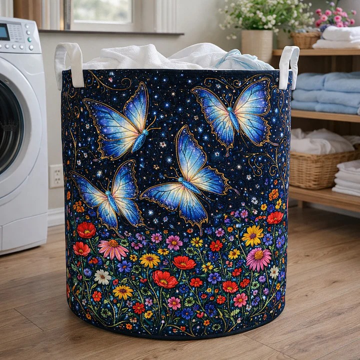 Butterfly Starry Night Wildflower Quilted Laundry Basket Magical Home Decor Gift For Butterfly Lovers