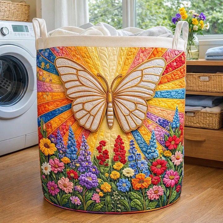 Butterfly Sunray Wildflower Quilted Laundry Basket Nature Home Decor Best Gift For Butterfly Lovers