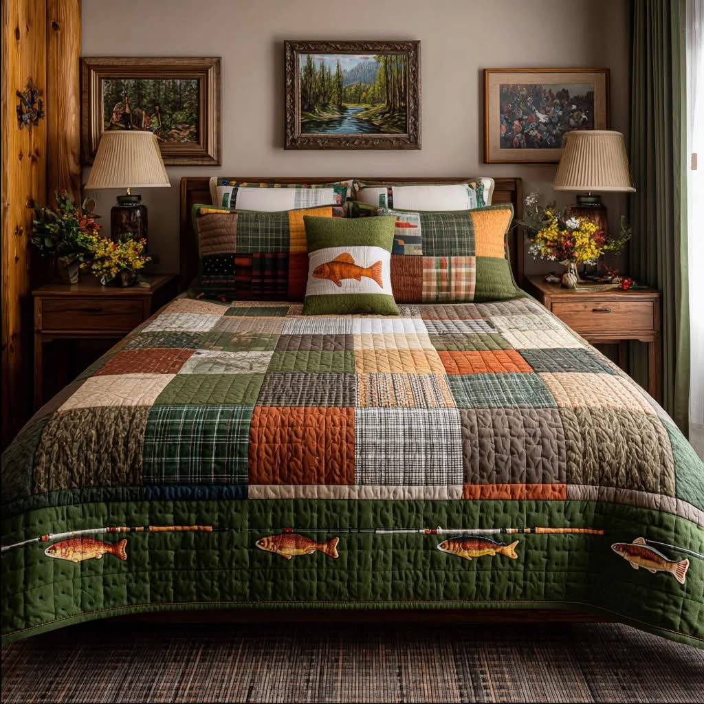 Cabin Fish Patch Quilted Bedding Set Cozy Patchwork Blanket Father's Day Gifts For Fisher Dad