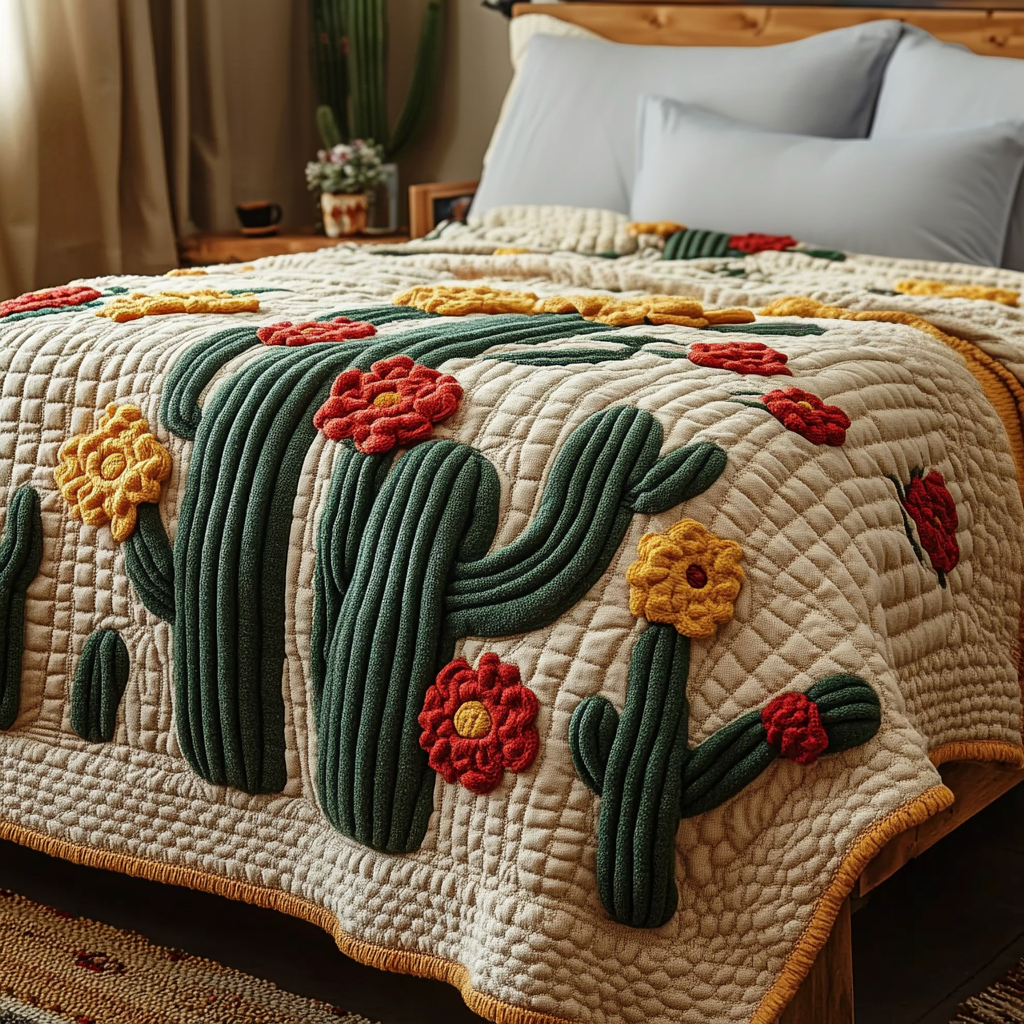 Cactus Bloom Quilted Blanket Bed Room Art Last Minute Birthday Gifts For Mom