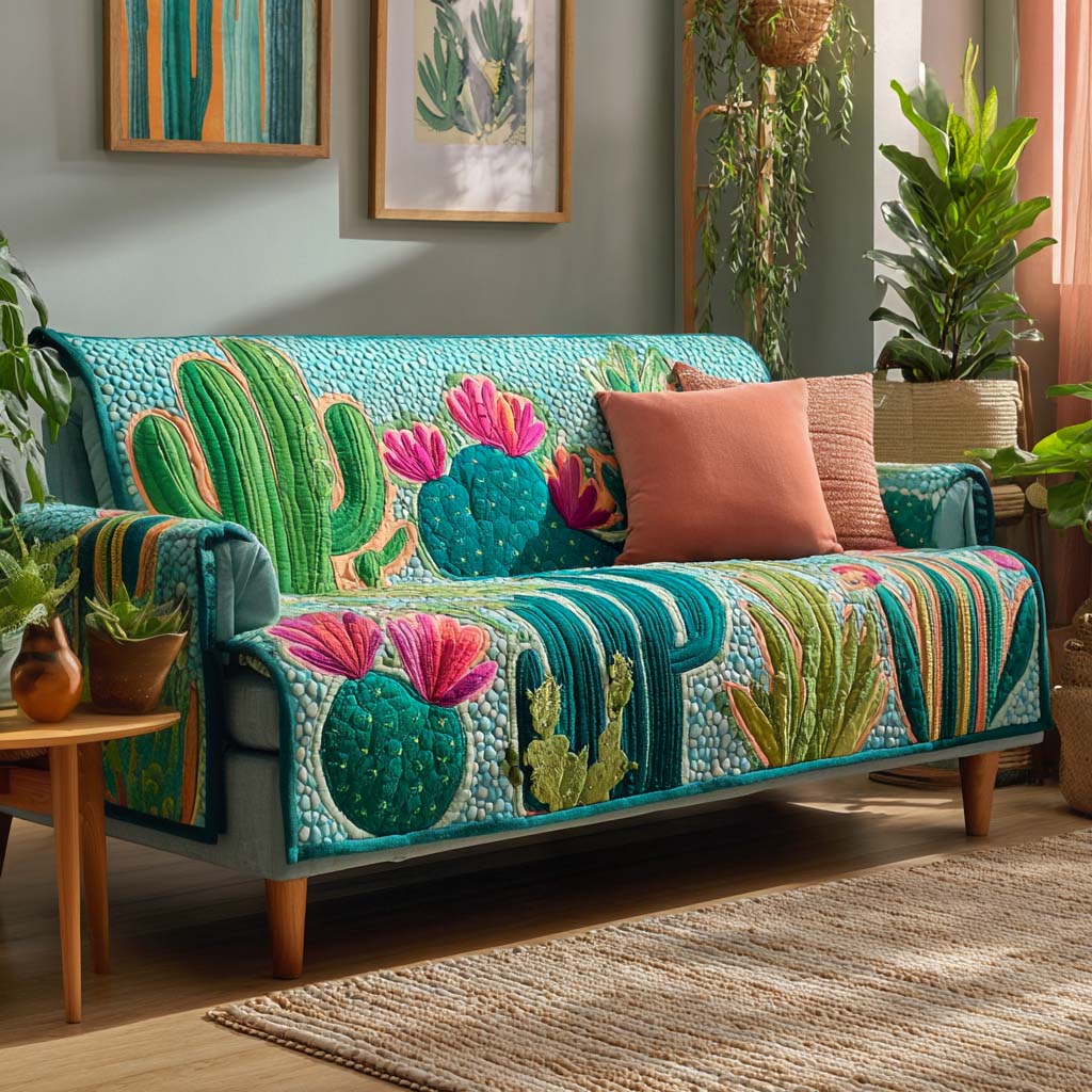 Cactus Blooming Quilted Sofa Cover Sofa Cover Set Christmas Gift Ideas For Cats