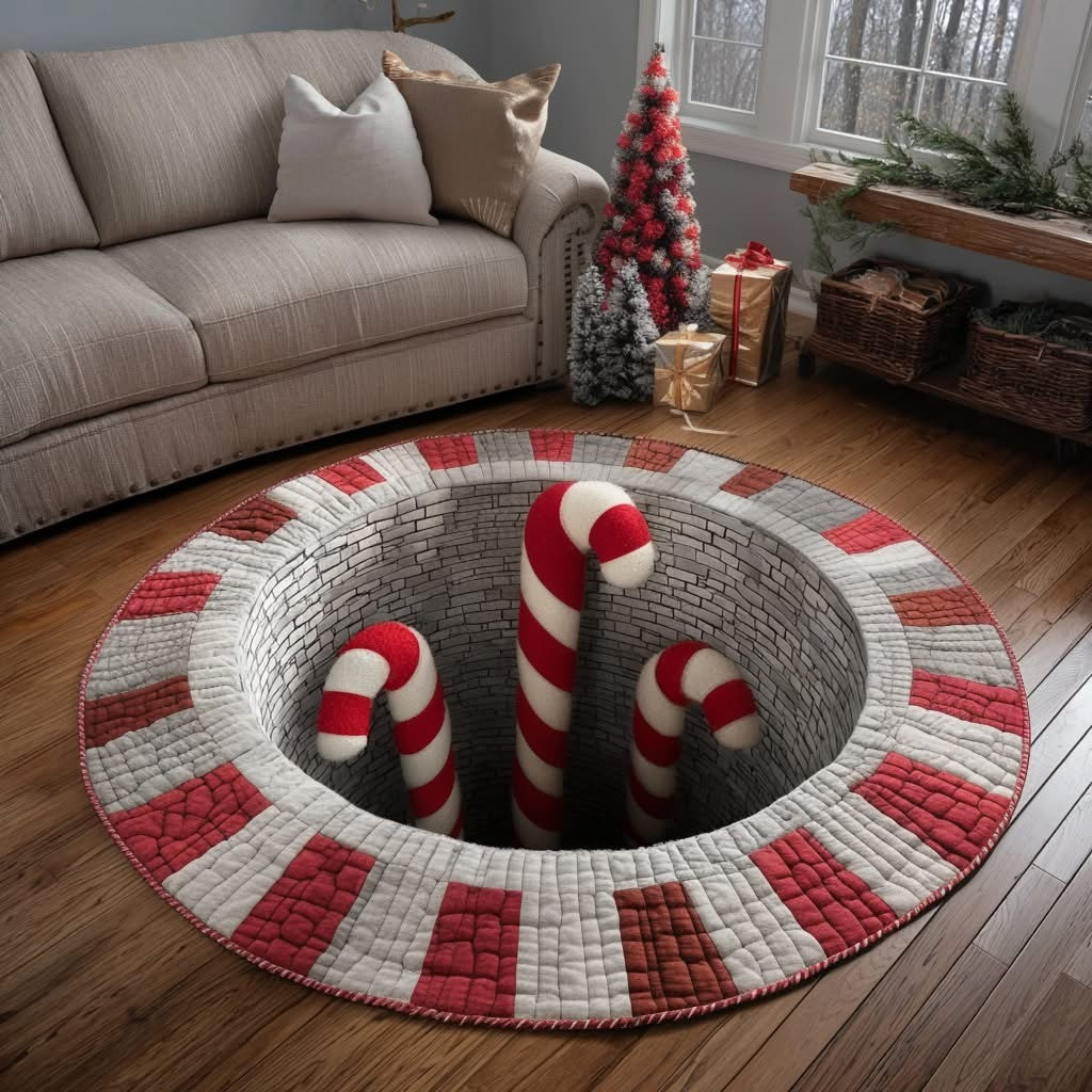 Candy Cane Pit Quilted Round Mat Cute Christmas Home Decoration Xmas Gift Ideas