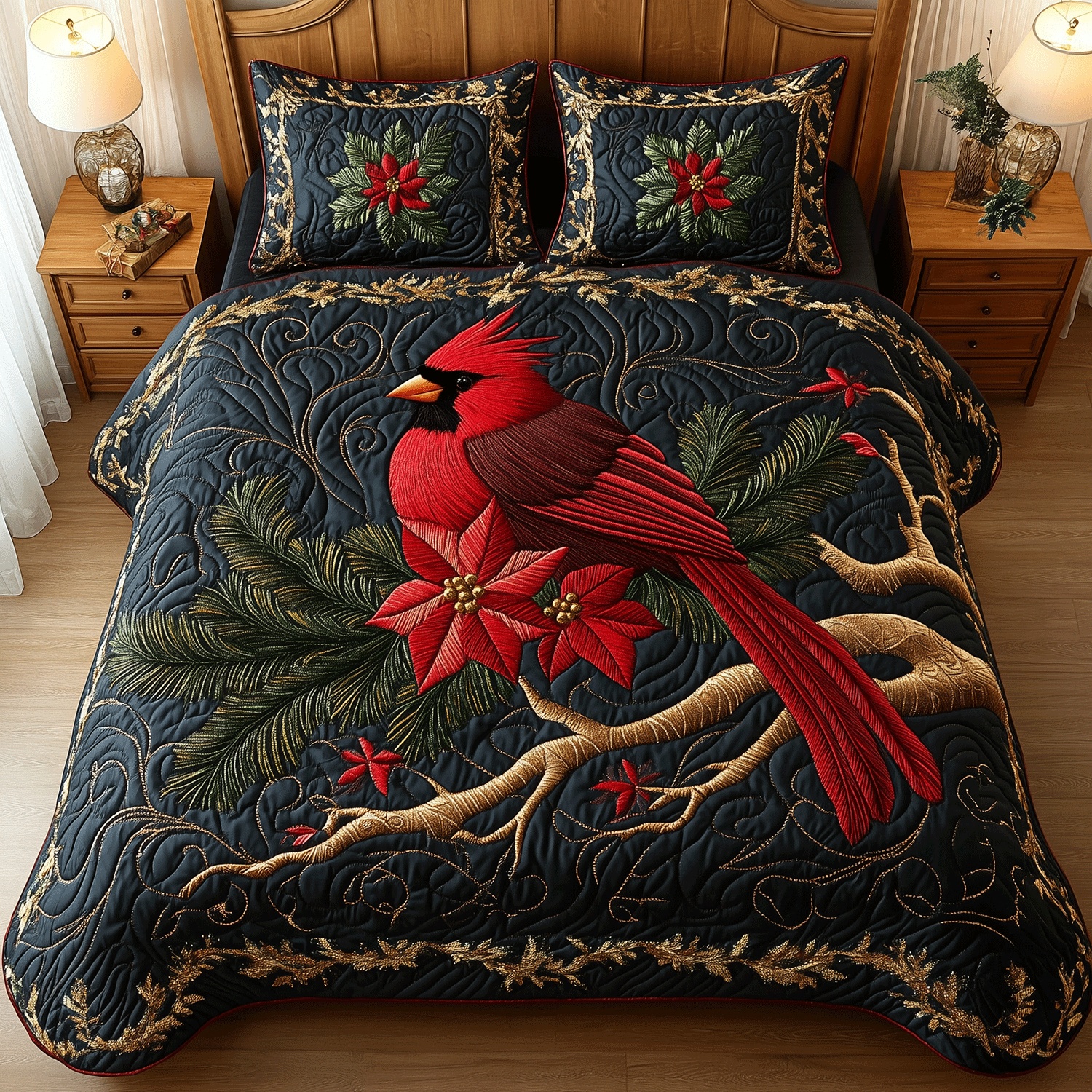 Cardinal Beauty Quilted Bedding Set Red Bird Bedroom Decor Best Gift For Bird Lovers