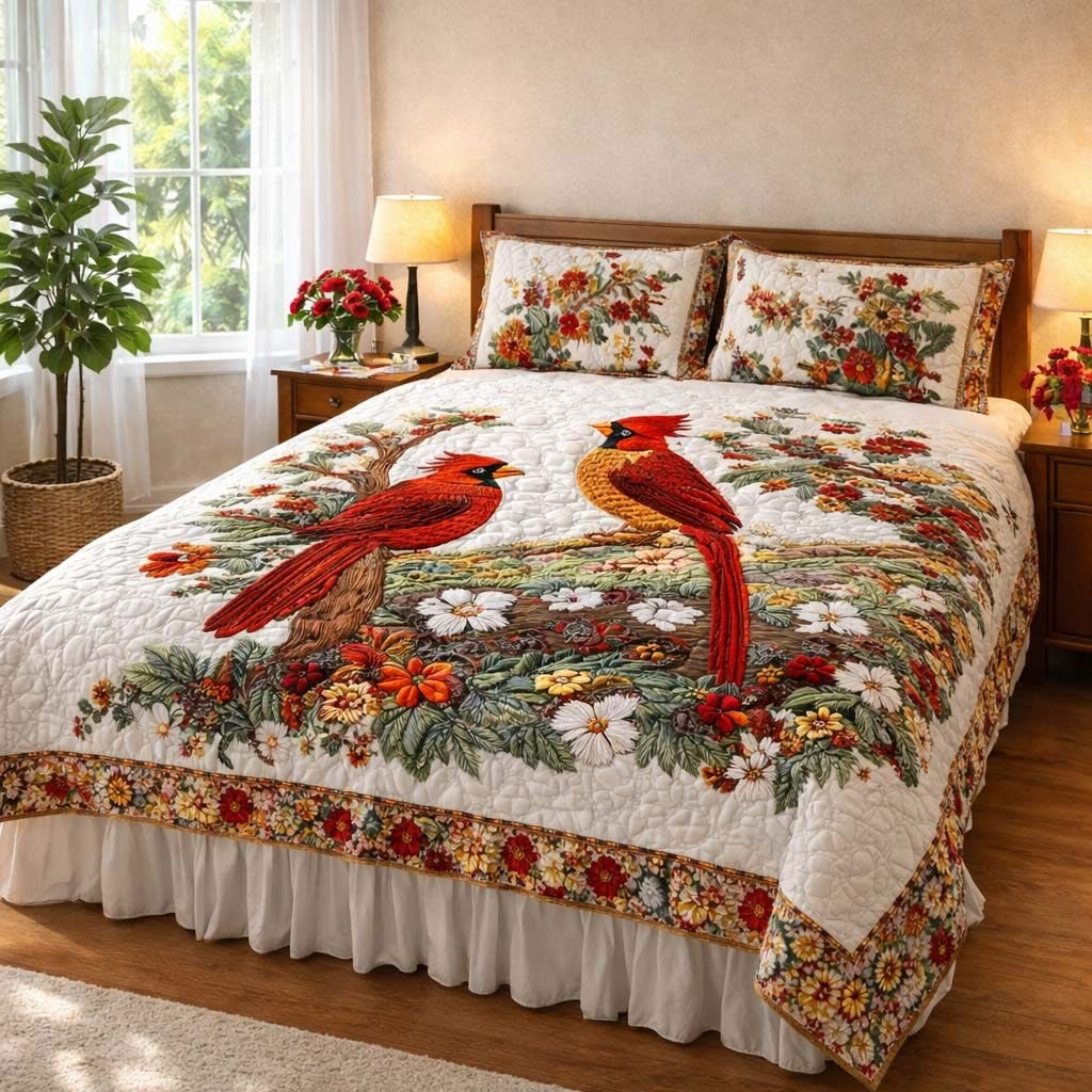 Cardinal Love Dance Quilted Bedding Set Bedroom Decorations Gifts For Cardinal Lovers