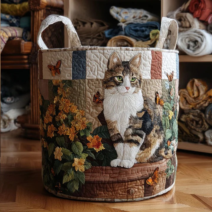 Cat Among Petals Quilted Laundry Basket Floral Boho Cat Home Decor Best Gift For Cat Lovers
