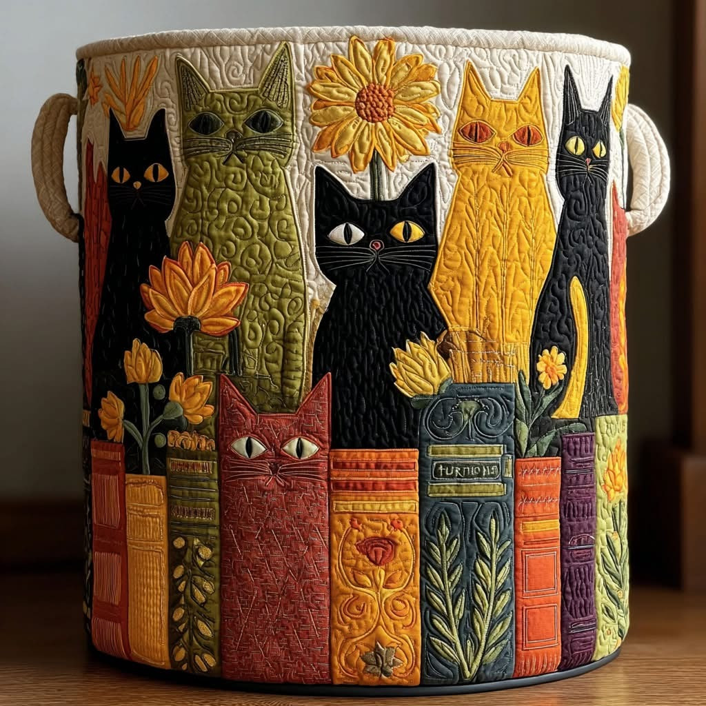 Cat And Book Quilted Laundry Basket Cute Animal Laundry Basket Gifts For Book Lovers
