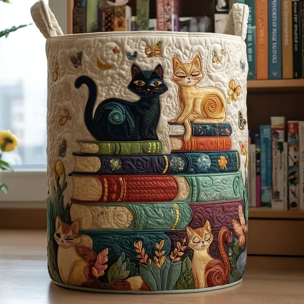 Cat And Books Quilted Laundry Basket Cat Lovers Hamper Basket Presents For Bookworm