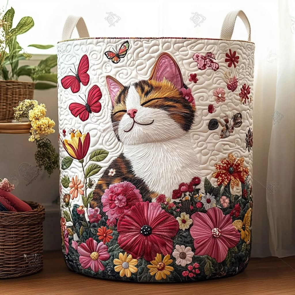 Cat And Floral Quilted Laundry Basket Cute Kitten Storage Basket Best Gifts For Cat Lovers