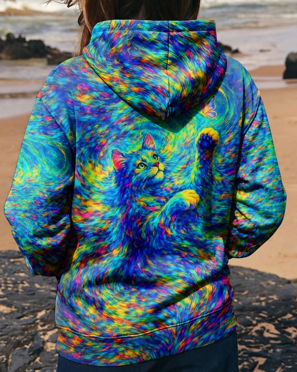 Cat Aurora Spirit All Over Tie Dye Hoodie Psychedelic Cat With Butterfly Clothing Gift For Her
