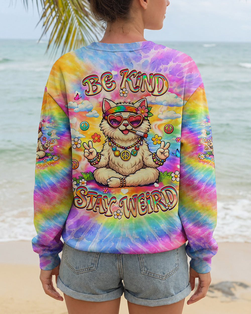 Cat Be Kind Stay Weird Sweatshirt Colorful Tie Dye Cat Peace Sign Flower Art Gift For Mom - Image 2