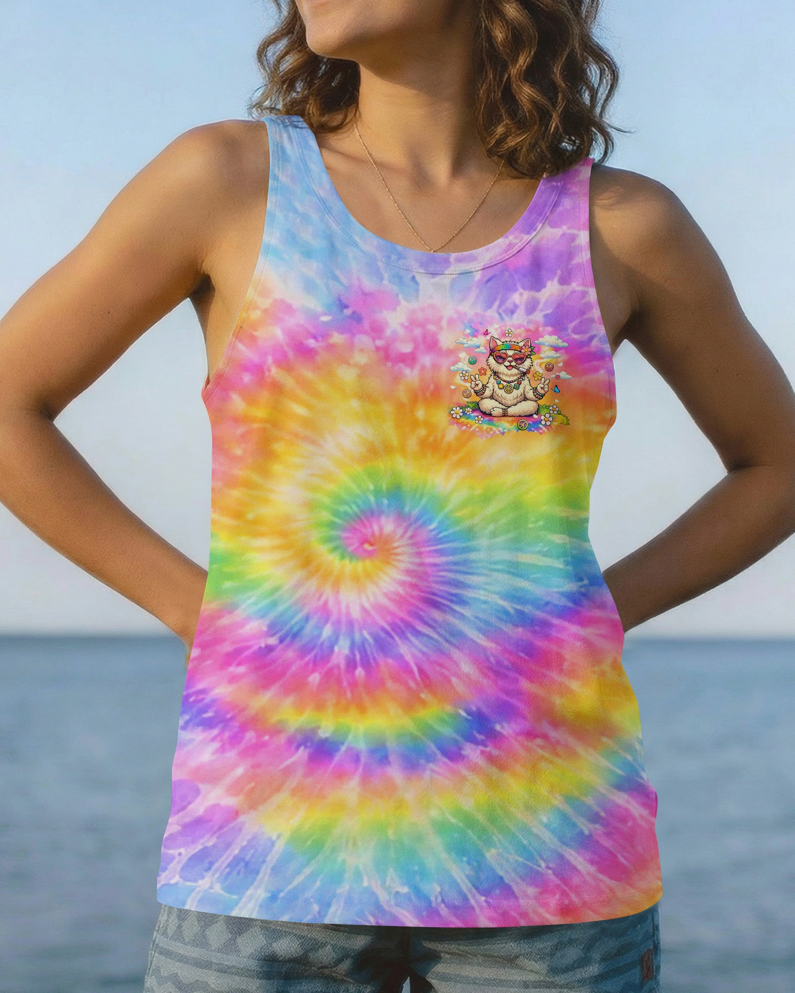 Cat Be Kind Stay Weird Tank Top Colorful Tie Dye Cat Peace Sign Flower Art Merch Gift For Wife - Image 2