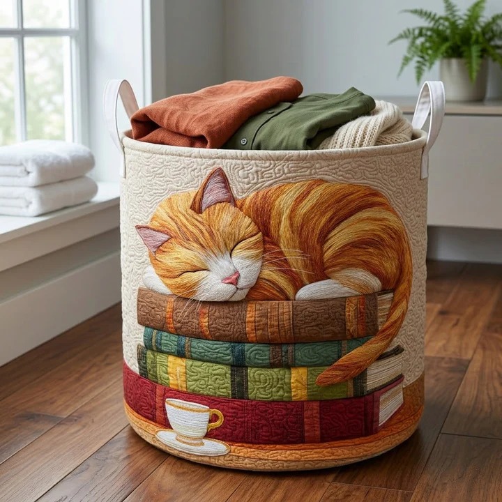 Cat Books Teacup Quilted Laundry Basket Cozy Reading Home Decor Best Gift For Cat And Book Lovers