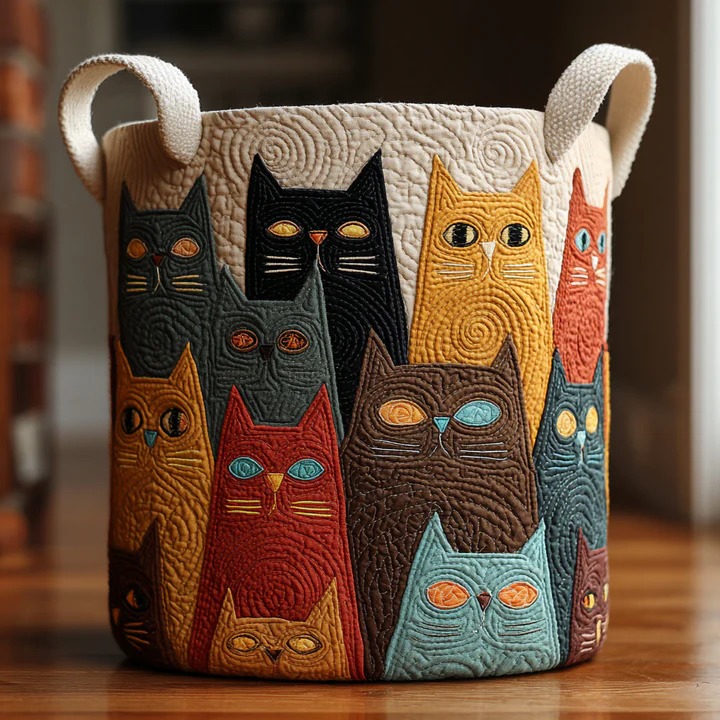 Cat Celebration Quilted Laundry Basket Colorful Boho Cute Cat Home Storage Best Gift For Cat Lovers