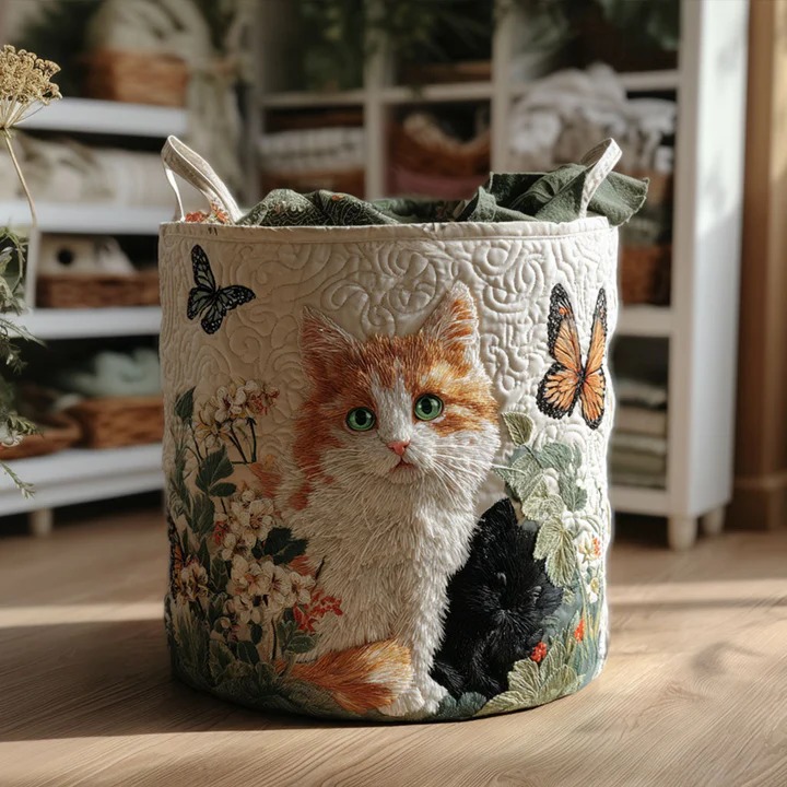 Cat Charm Quilted Laundry Basket Cute Boho Cat Floral Home Decor Best Gift For Cat Lovers