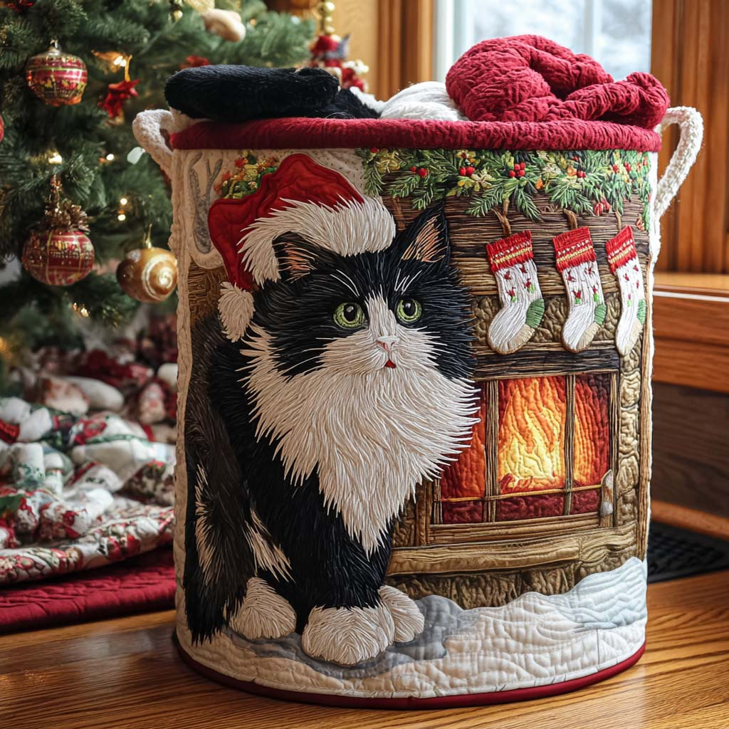 Cat Christmas Mood Quilted Laundry Basket Modern Quilted Laundry Basket for Minimalist Decor