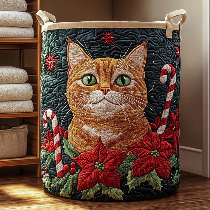 Cat Christmas Poinsettia Quilted Laundry Basket Orange Tabby Holiday Home Decor Gift For Cat Lovers