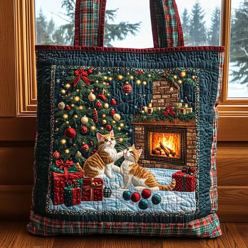 Cat Christmas Quilted Tote Bag Holiday Cute Kitten Bag Xmas Gifts For Cat Lovers - Image 2