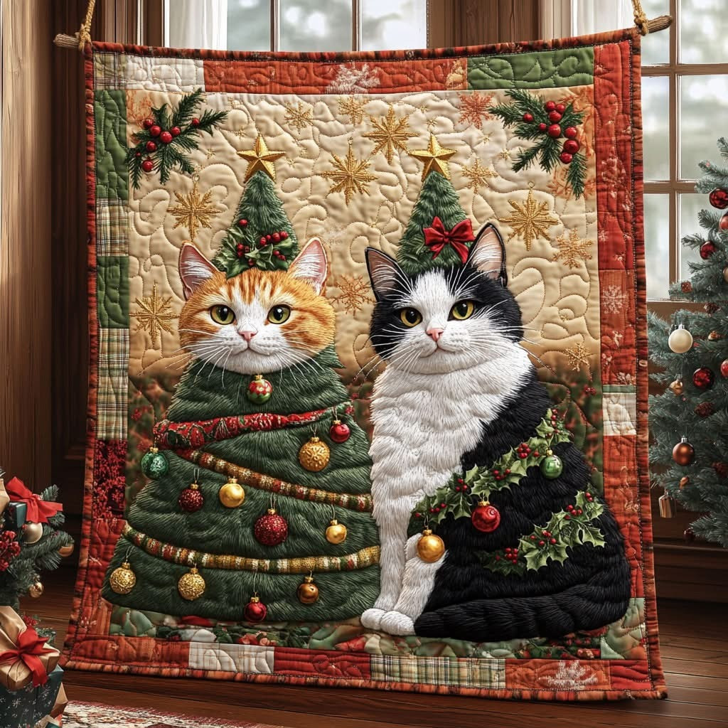 Cat Christmas Tree Quilted Blanket Funny Present Ideas For People Who Love Cat Xmas