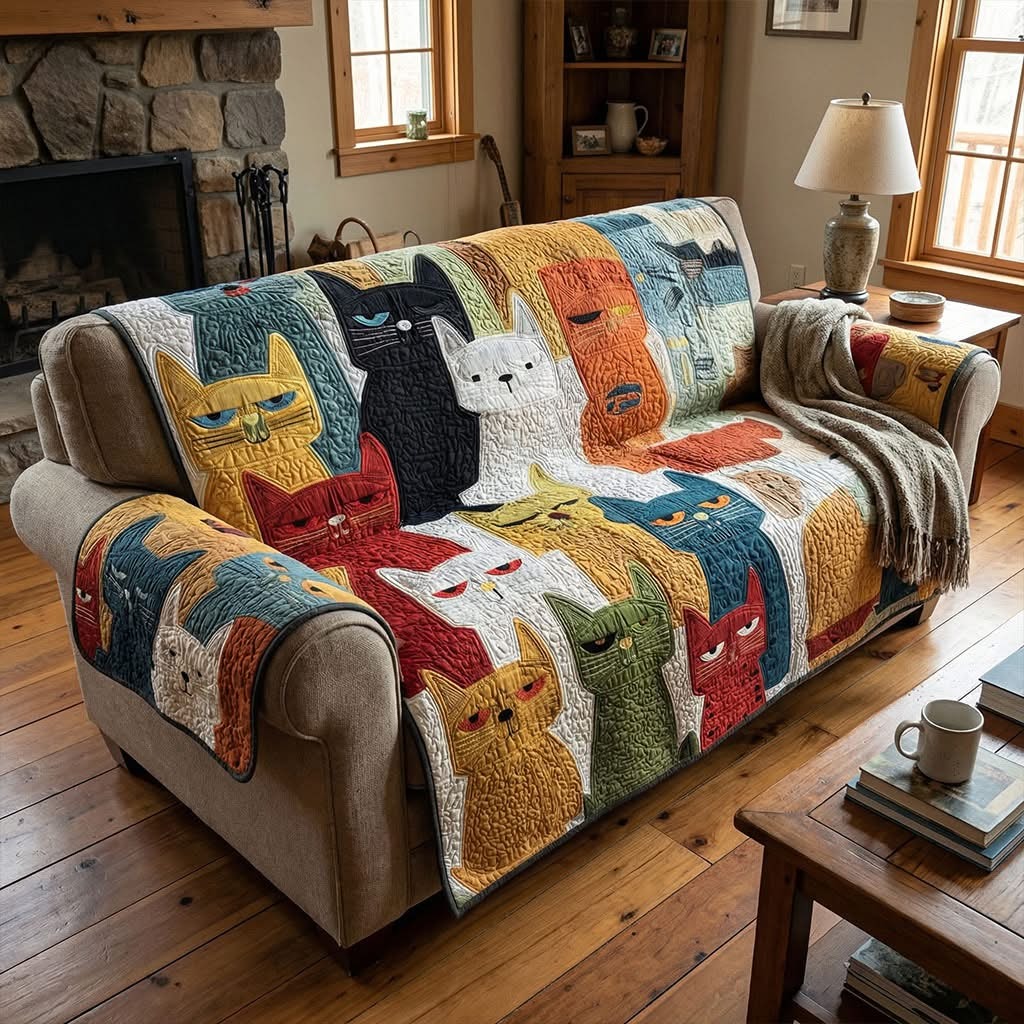 Cat Colorblock Quilted Sofa Cover Whimsical Kitten Couch Covers Gifts For Cat Lovers