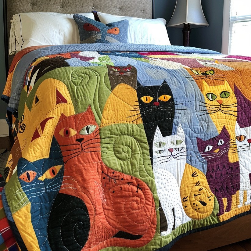 Cat Colorful Quilt Blanket Whimsical Animal Throw Blanket Gifts For Cat Lovers