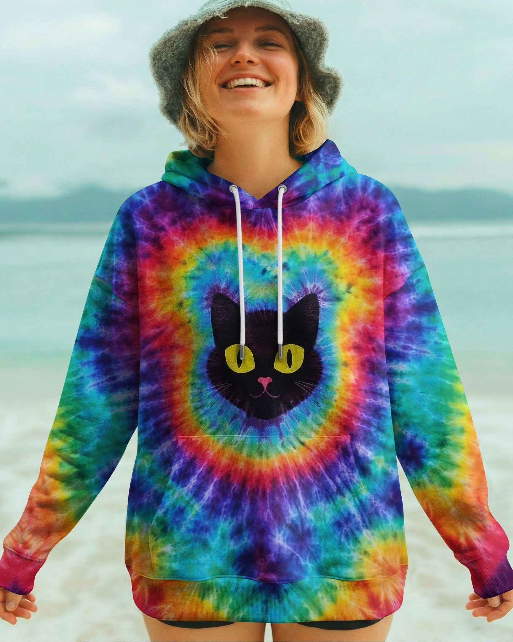 Cat Colorful Swirl Pattern Tie Dye Hoodie Unique Colors Gift For Cat Lovers